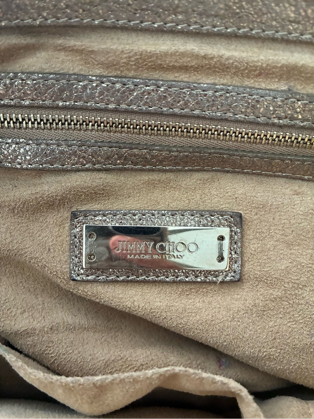 Jimmy Choo Metallic Shoulder Bag — Drawstring & Zip, Silver Hardware, Logo - Picture 3 of 13